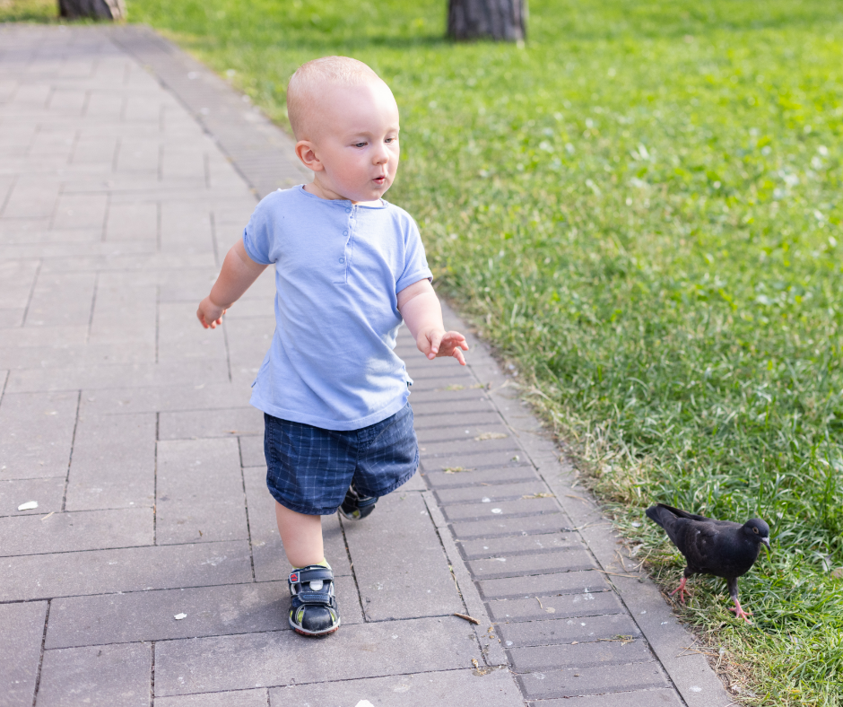 Toddler walking on a brick path outdoors